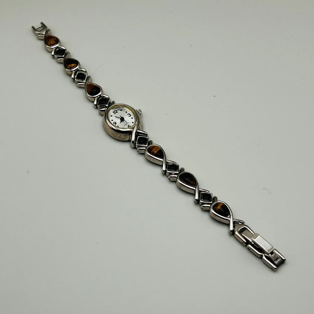 Vintage Avon Watch Tigers Eye and Onyx Silver Tone Timeless Beauty Not Running